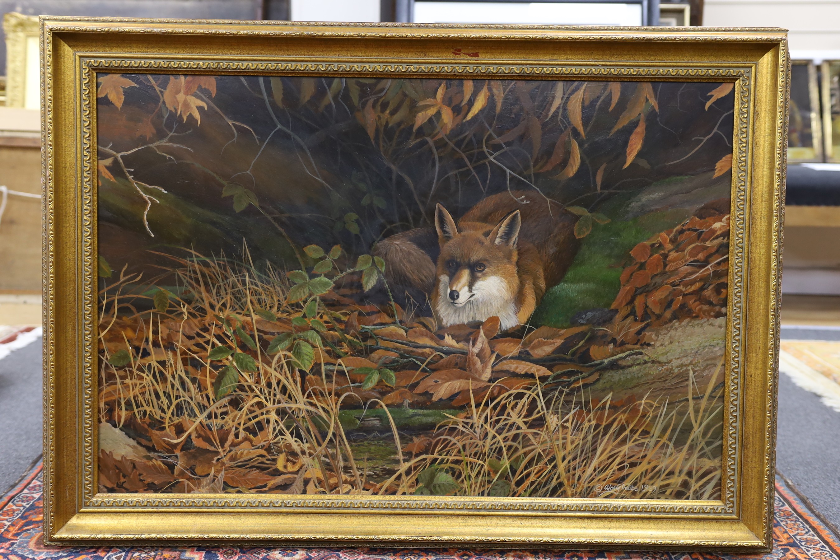 Alan G Dobbs, oil on board, recumbent fox amongst autumnal leaves, 60x90cm